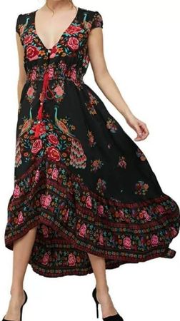 Robe bohème longue noire à motifs fleurs taille  L/XL