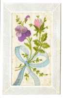 Seidenkarte - gestickt - Blumen - Rose mit Schärpe - um 1915