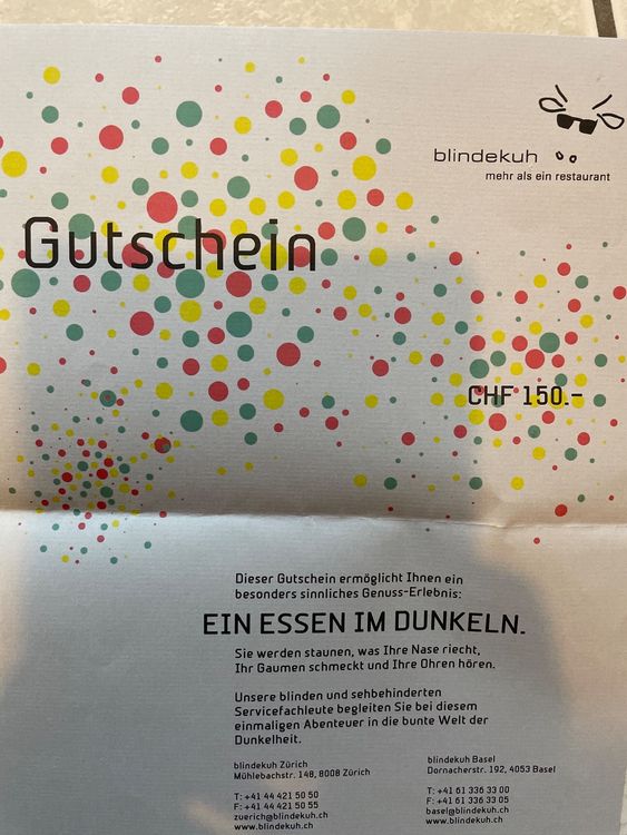 Gutschein Restaurant Blinde Kuh Zürich oder Basel , 150. Kaufen auf