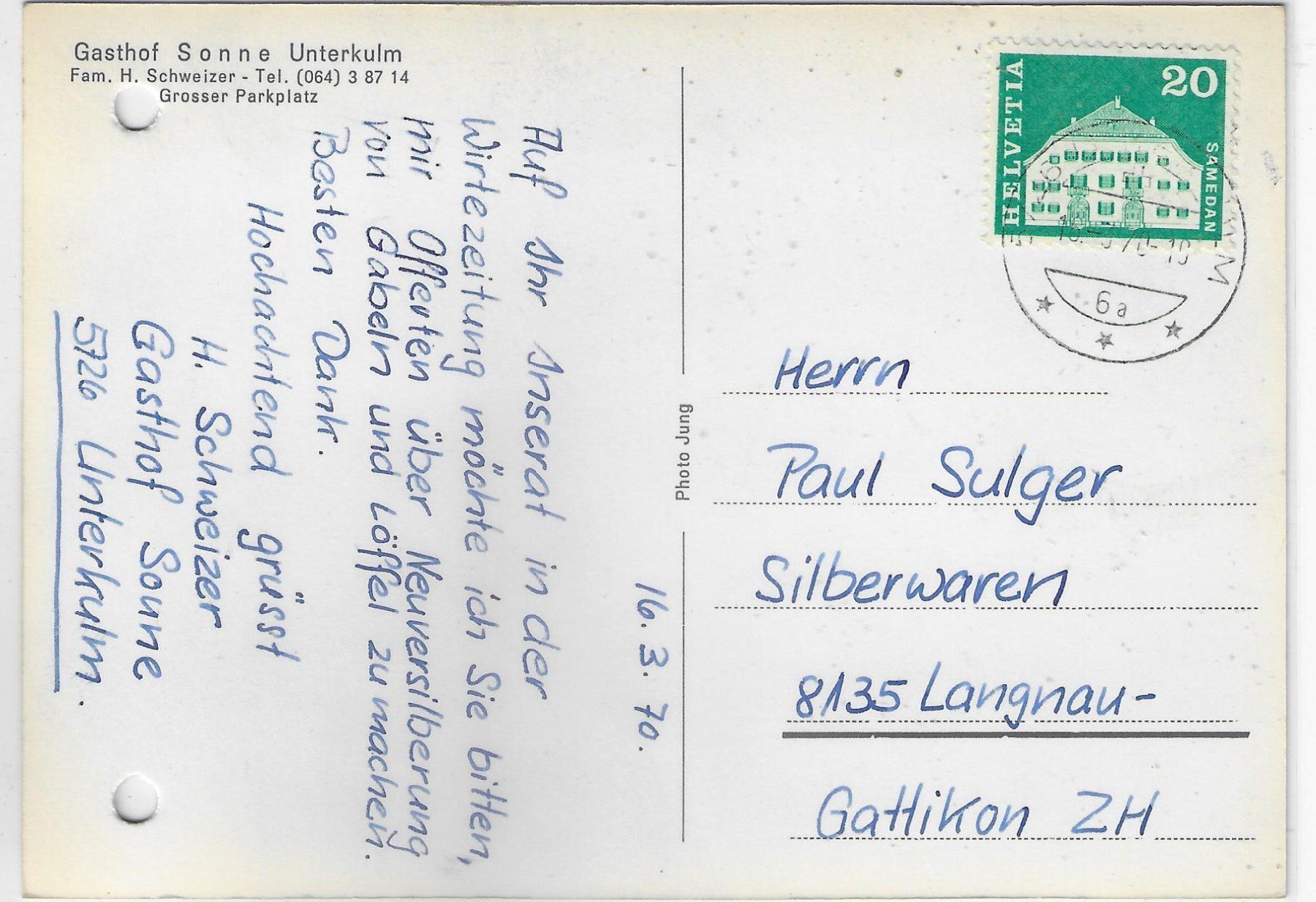 Ansichtskarten: Gasthof Sonne - Unterkulm – Defekt aus Ettingen von Kartenplanet 1