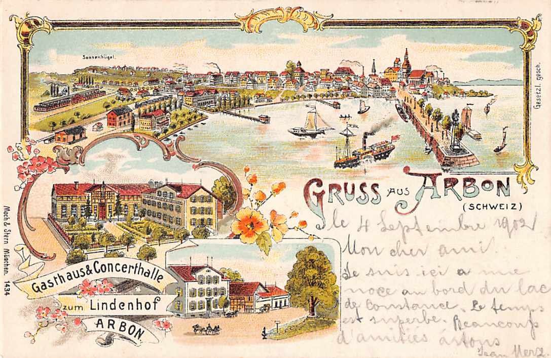 Cartoline postali: uralte LITHO Ansichtskarte ARBON 5.9.1902 - sehr schön – Usato da Lufingen venduto da TopAnsichtskarten