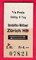 KARTON BILLETT, BONSTETTEN-WETTSWIL - ZÜRICH HB, 2.KLASSE,