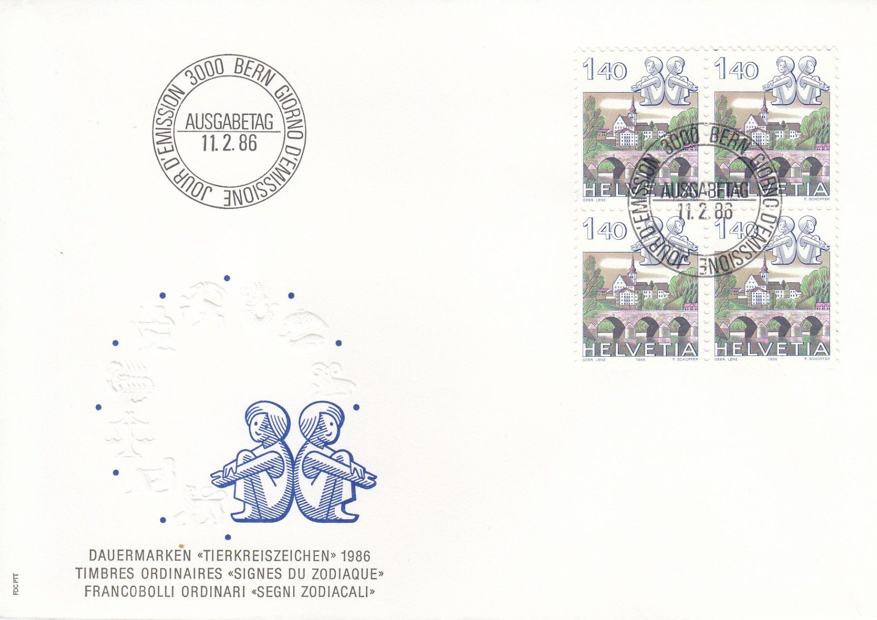 Tutti i francobolli: 1986 683 Tierkreiszeichen FDC Viererblock – Usato da Spreitenbach venduto da Mustang_1105