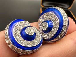 Vintage-Ohrringe Cabouchon, Blau emailliert, Strasssteine