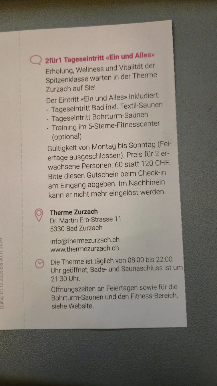 Therme Zurzach 2 für 1 Eintritt Thermalbad Bad Zurzach (Neu und ...