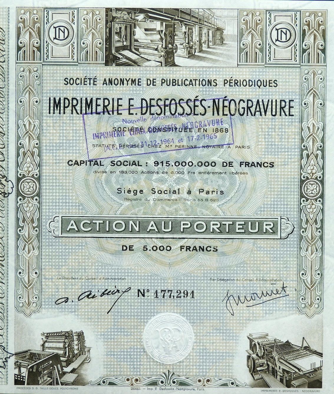 Dokumente: Imprimerie E. Desfossés-Néogravure, Paris - 1964 – Gebraucht aus Solothurn von Sgasche
