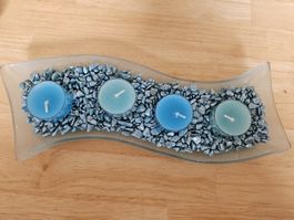 Glas Dekoschale, Deko, Kerzenhalter, blau, Steine, chic