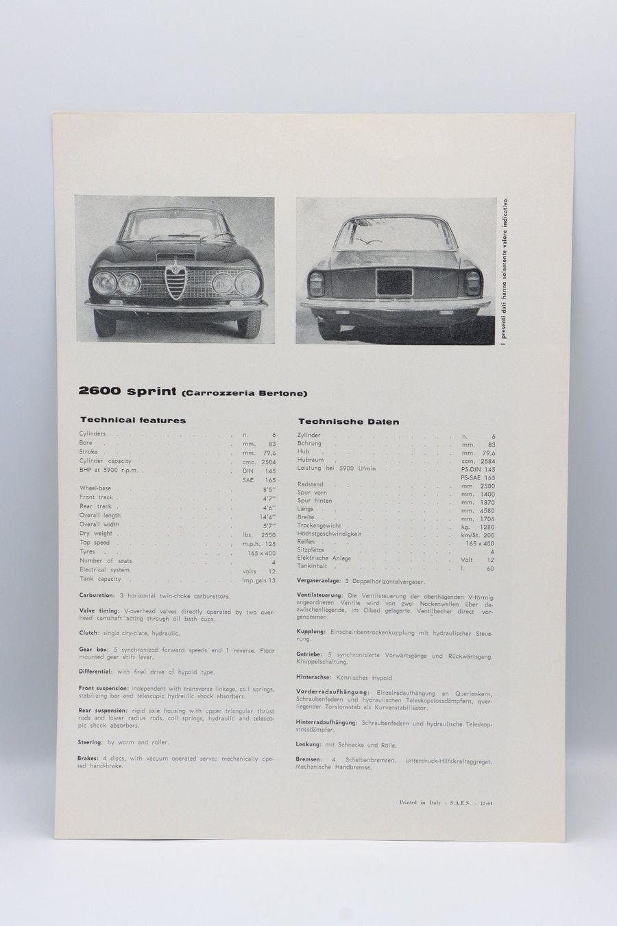 Alfa Romeo Documenti: Alfa Romeo 2000 Sprint Bertone 1964 Prospektblatt – Usato da Bühl b.Aarberg venduto da Collectorpassions 1