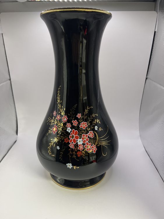 Vase Décoratif En Céramique Noire - Motif Floral Et Oiseau - Marque Décor - Élégant