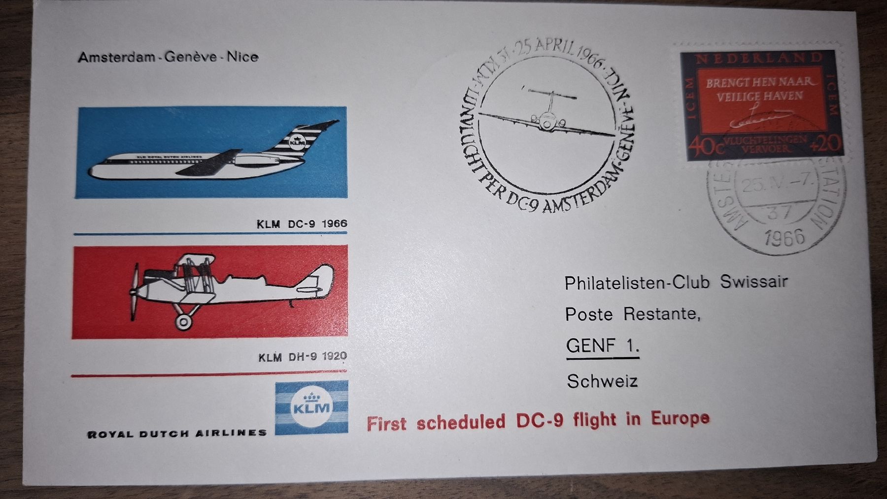 Tutti i francobolli: KLM Amsterdam - Geneve 25.04.1966 – Usato da Balgach venduto da SIMEON27