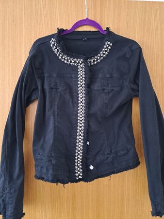 Schicke Jeansjacke mit Perlen und Fransen, Gr. XL!