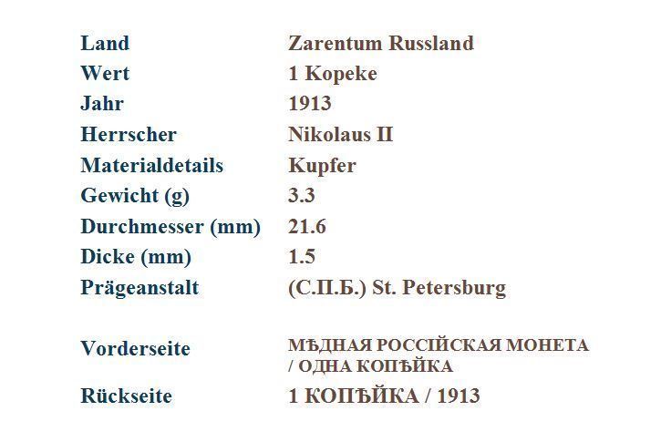 Tutti le monete: 1 Kopeke 1913 – Usato da Flamatt venduto da samowarow 1
