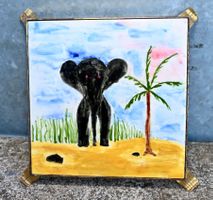 VINTAGE Keramikfliese 1959 SCHWARZER ELEFANT handbemalt