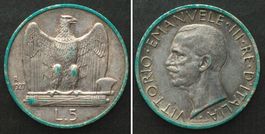ITALIA 5 Lire 1927 VITTORIO EMANUELE III Silber vz+