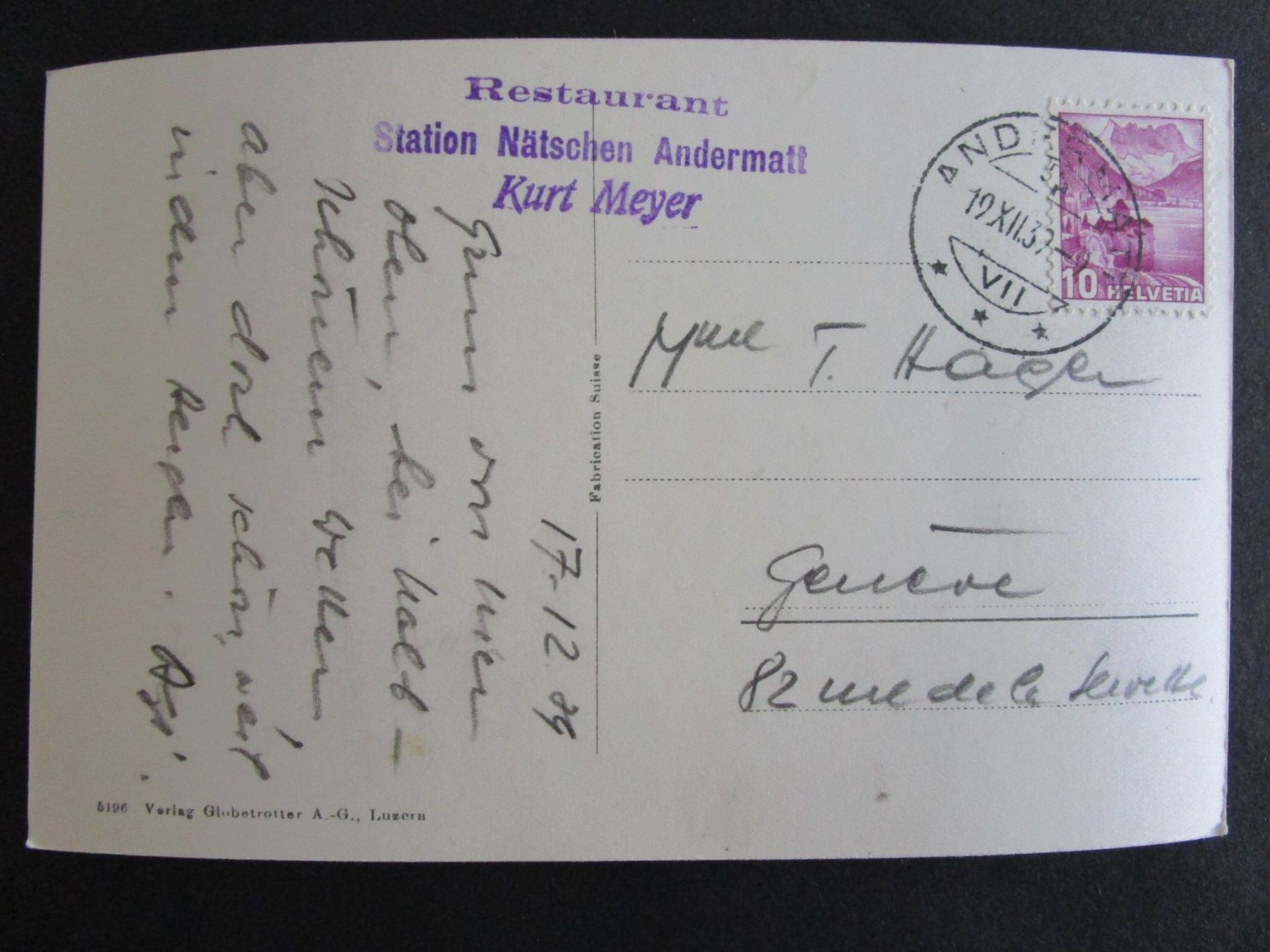 Cartoline postali: 1939: Andermatt Nätschen Stempel Restaurant – Usato da Rubigen venduto da Menthe 1