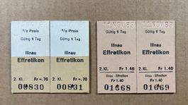Illnau - Effretikon, 2 x 2 alte entwertete Bahn Billette