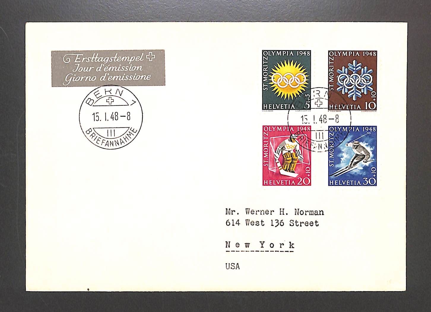 Tutti i francobolli: 1948 FDC Olympische Winterspiele St. Moritz BERN SBK = 200.- – Usato da Zürich venduto da Nobs1