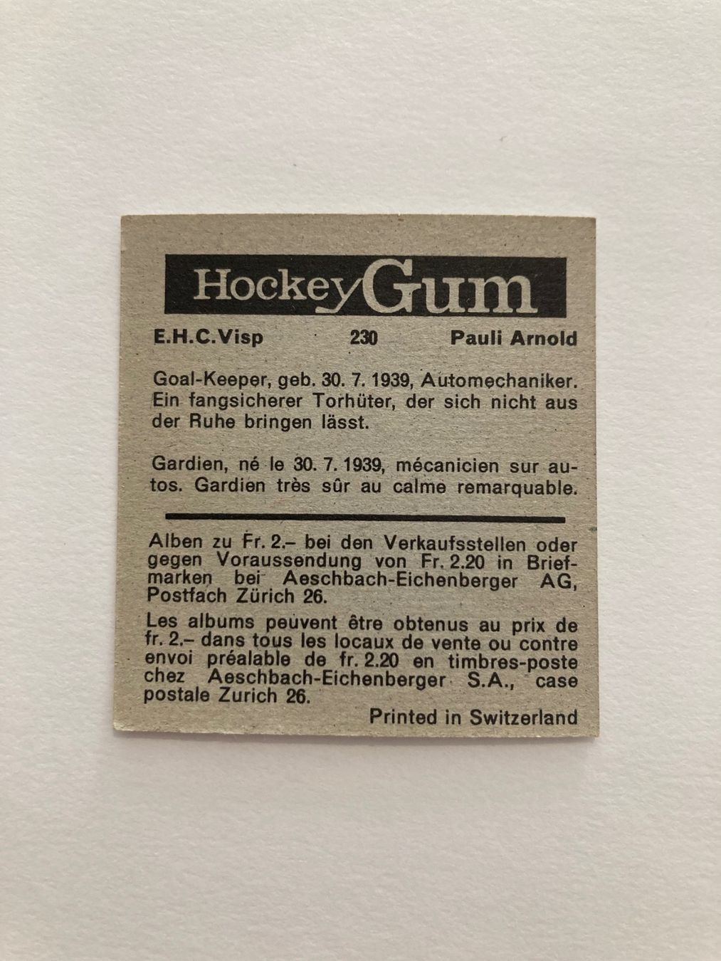 Carte collezionabili: Hockey Bazooka Gum EHC Visp – Usato da Lausanne venduto da GregLausanne 1
