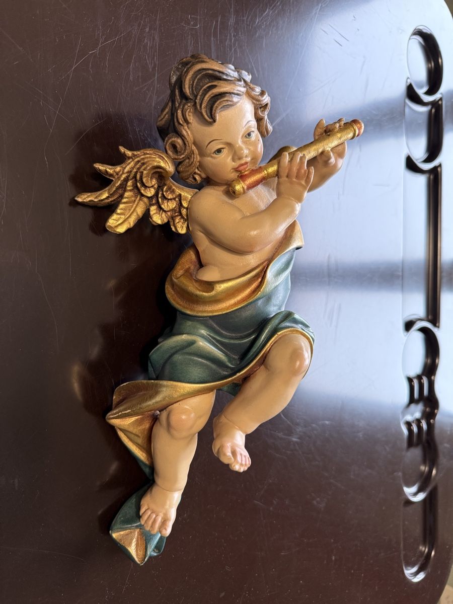 Statuette: Engel Figur, Holz, mit Flöte, Wanddeko, – Usato da Aarburg venduto da Schatzaffe 4