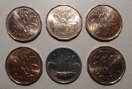 Canada, 10 Cents nickel, 1 Cent copper, 1993-2008 6er Lot