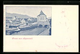 Appenzell, Ortsansicht und Frau in Trach