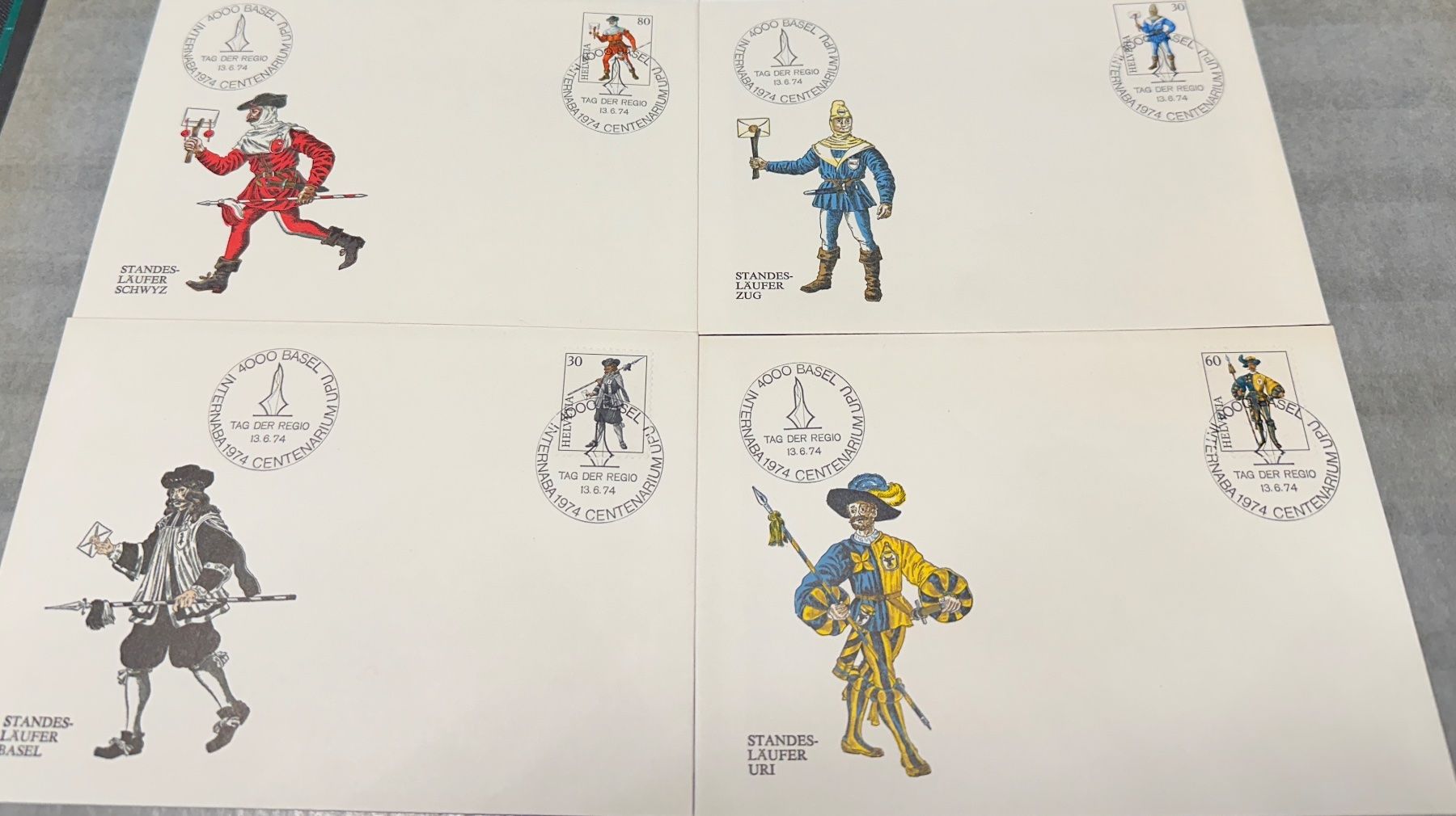Tutti i francobolli: INTERNABA 1974 BASEL, 4 Ersttagsbriefe m. Marken – Usato da Riehen venduto da sesambestcoins2004