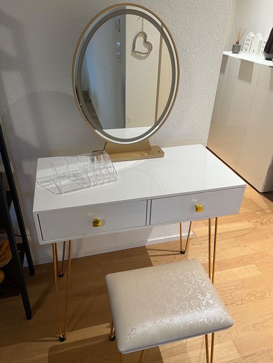 COSTWAY Schminktisch Mit Hocker & Spiegel - Kosmetiktisch Mit Ladestation In Braun