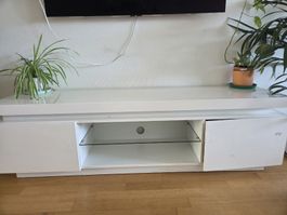 White TV Stand with Glass Shelf and Doors