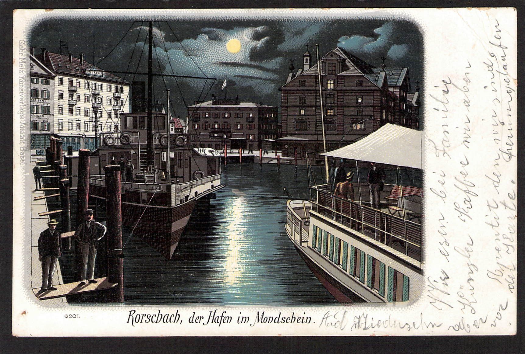 Cartoline postali: Rorschach , der Hafen im Mondschein , gel. 1900 – Usato da Reichenburg venduto da Pipo-67