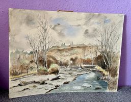 Aquarelle représentant une rivière coulant dans une forêt