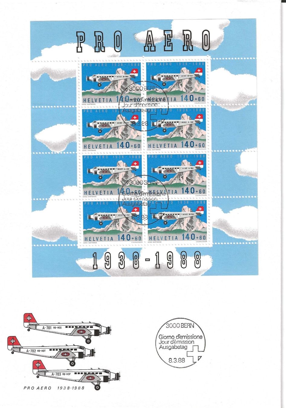 Tutti i francobolli: FDC Pro Aero Block  Ju52  1988 – Usato da Zürich venduto da Philacat11