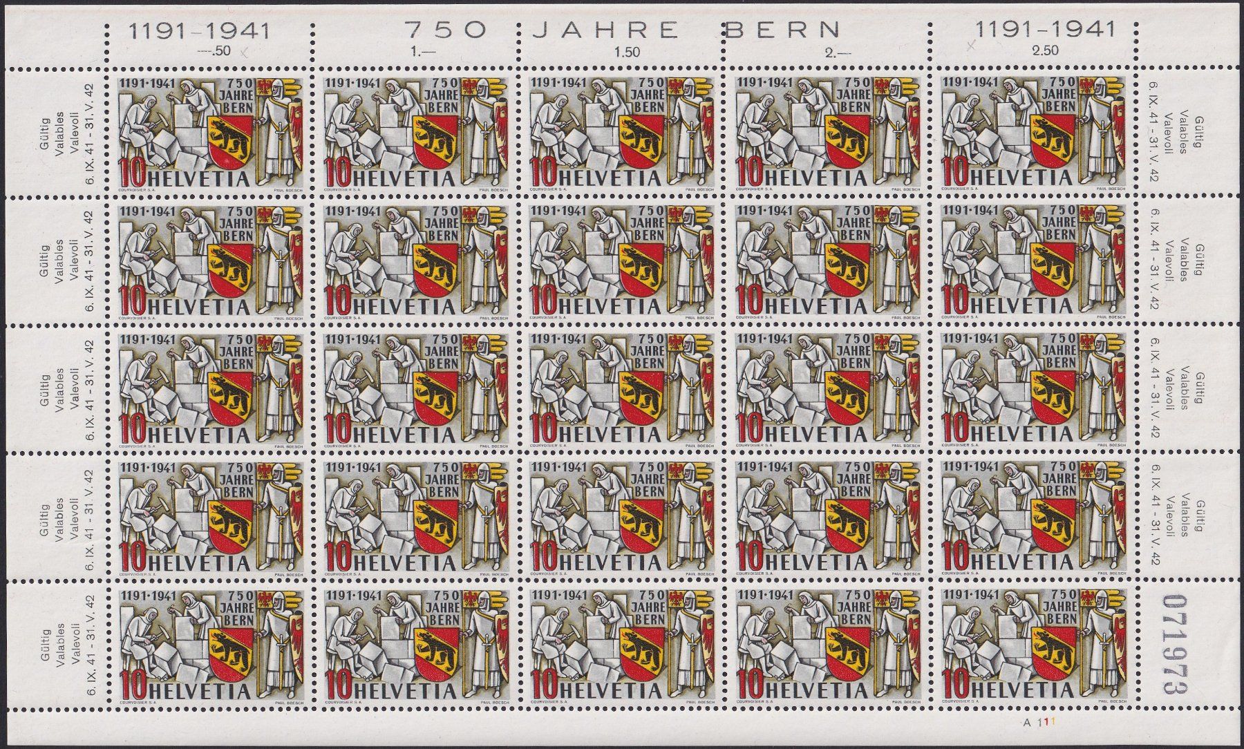 Tutti i francobolli: 1941, Nr.253 Bogen +Plattenfehler "SPINNE" **. Kat: 100.-+ – Usato da Sursee venduto da Luzernerraute
