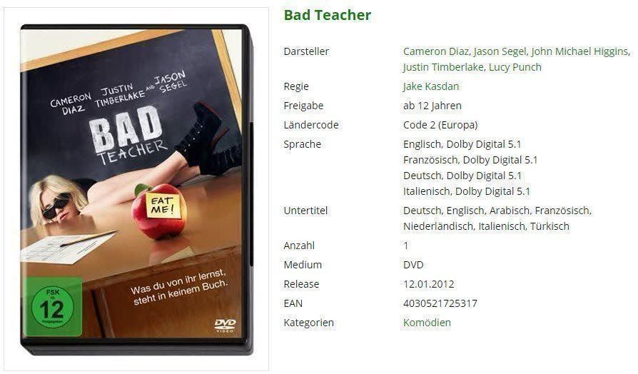 Tutti i DVDs: Bad Teacher - DVD – Usato da Buchrain venduto da Sssschaller