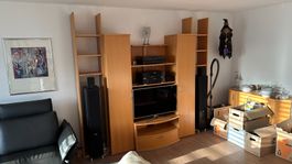 Gepflegte Wohnwand, 260 × 235, mit Regalen & Schrankfächern