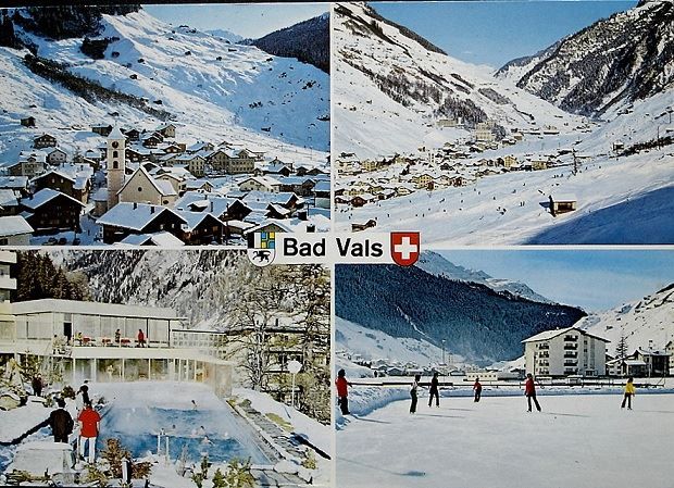 Cartoline postali: BAS VALS Wellenbad - Eisbahn - Ski – Usato da Jona venduto da philajona