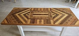 Couchtisch Unikat aus Holz mit Mosaik Muster, weiss 140cm 