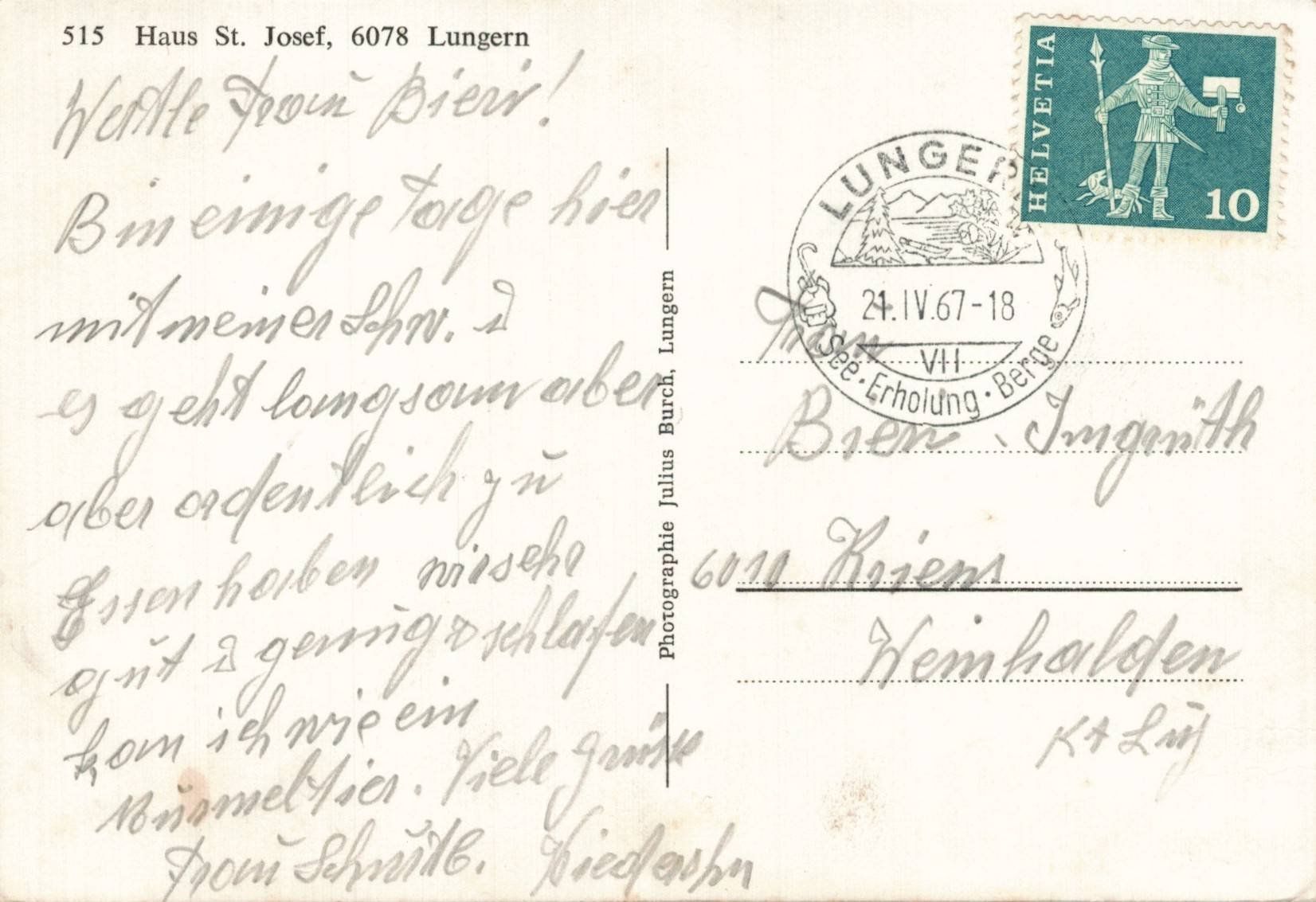 Cartoline postali: Alte Ansichtskarte Haus St. Josef, Lungern, 1967 – Usato da Luzern venduto da Kartenansicht 1