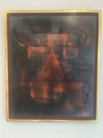 Tableau abstrait signé, formes géométriques, cadre doré