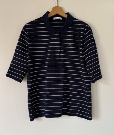 LACOSTE Polo Damen Gr. 40 Navy Weiss gestreift 3/4 Arm 