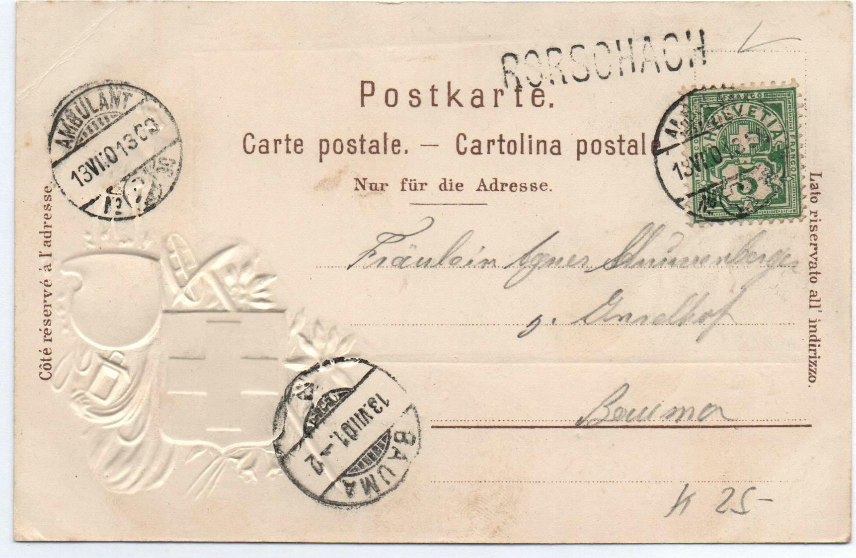 Cartoline postali: Präge-AK Wappen Gruss aus RORSCHACH – Usato da Jona venduto da philajona 1