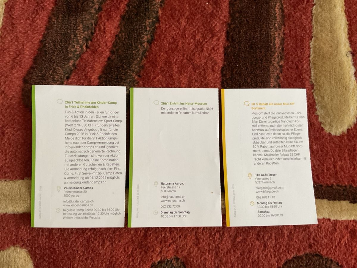 Gutscheine: 9 bons de réductions à Aarau – Neu (gemäss Beschreibung) aus Düdingen von Yellow 2