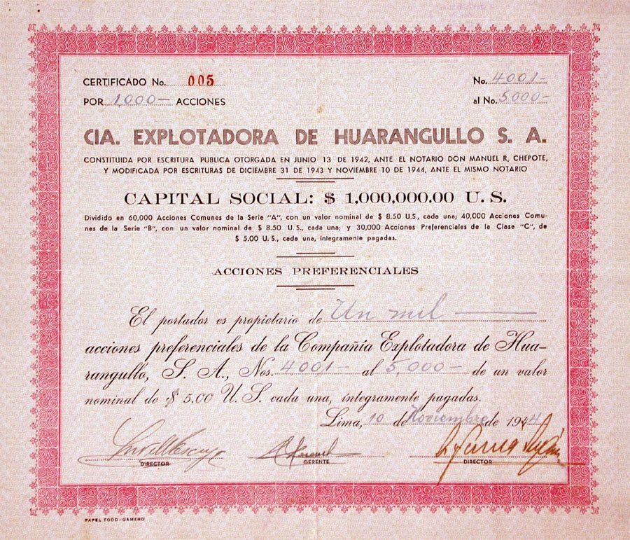 Documenti: Compania Explotadora de Huarangullo SA, Lima - 1944 – Usato da Solothurn venduto da Sgasche