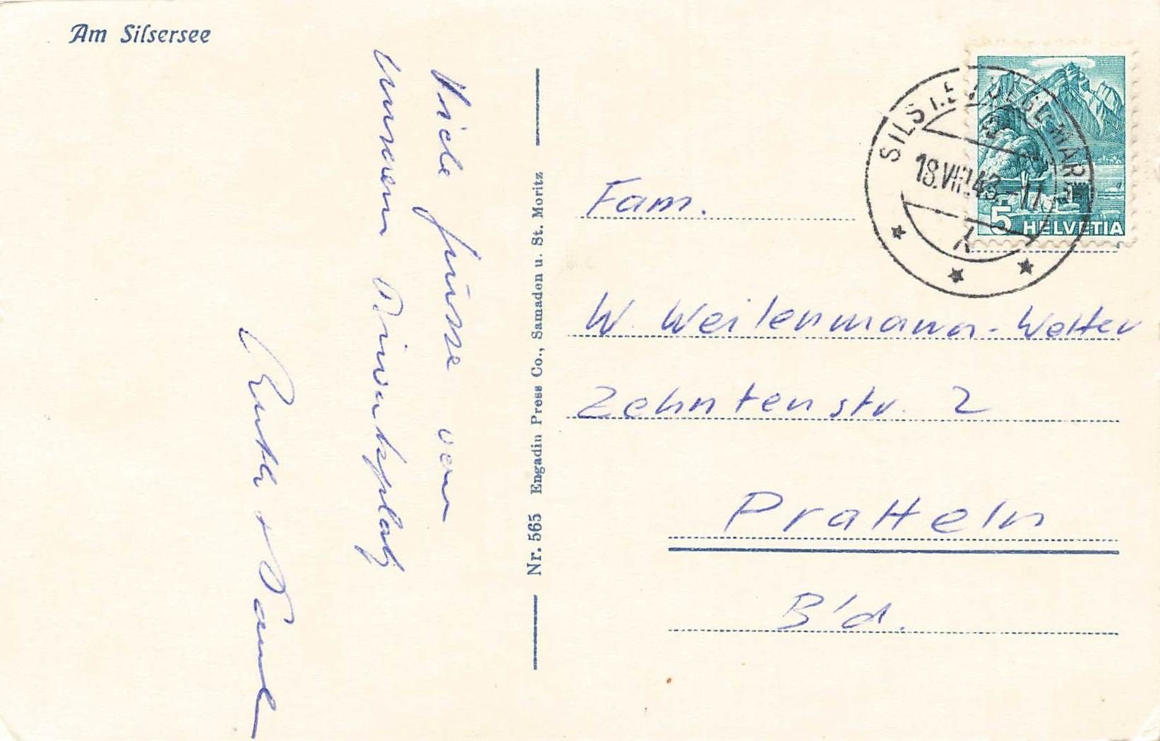 Cartoline postali: Sils im Engadin (GR) Silsersee mit Bergen – Usato da Biasca venduto da Blenio71 1