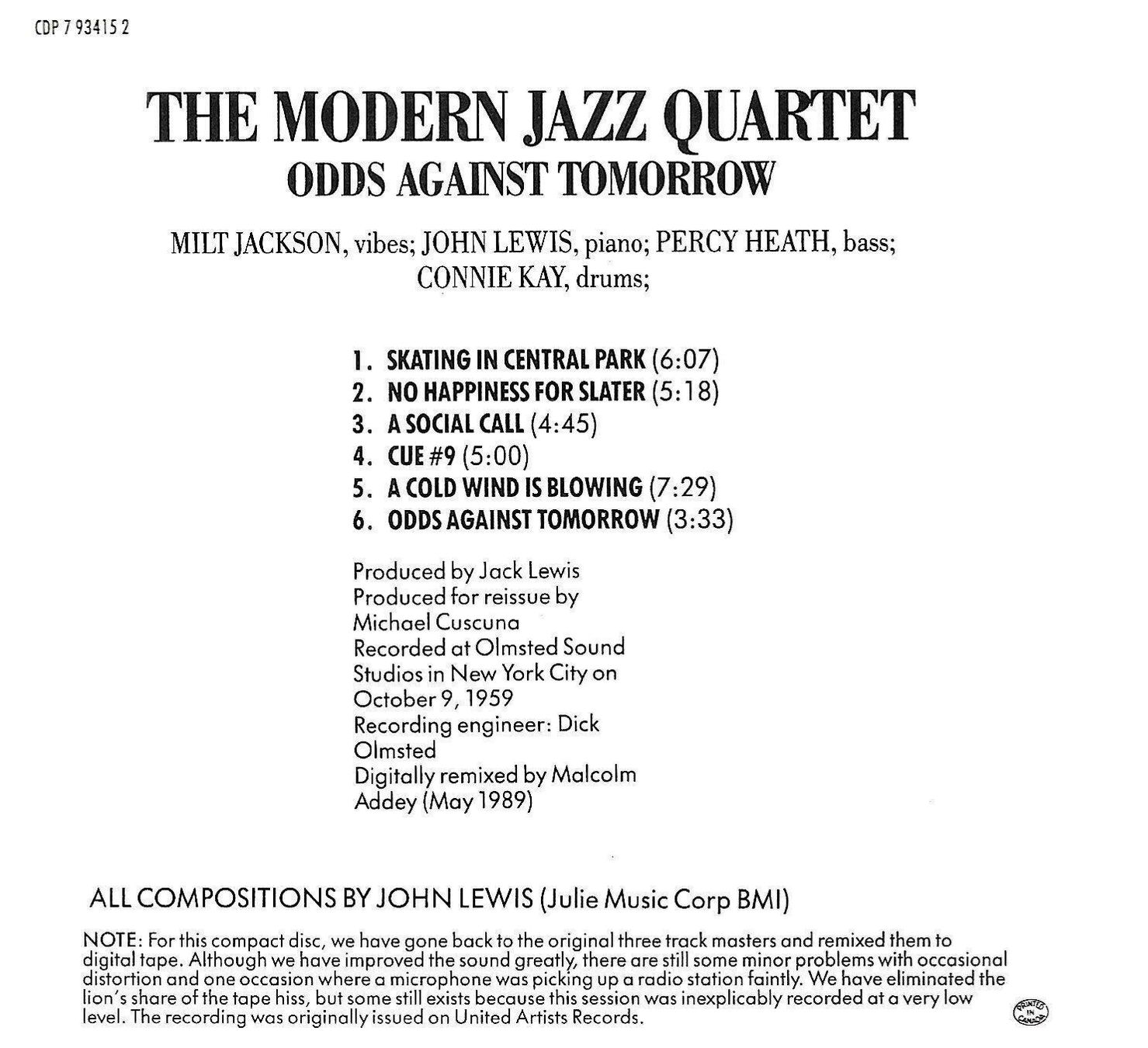 CDs: Modern Jazz Quartet ODDS AGAINST Milt Jackson Blue Note CD – Gebraucht aus Kandergrund von Sososo 2