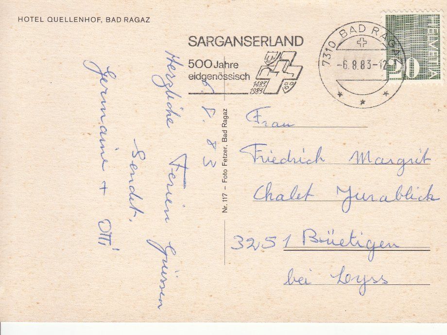 Cartoline postali: Bad Ragaz Quellenhof 1983 – Usato da Bürglen TG venduto da StampGraf 1