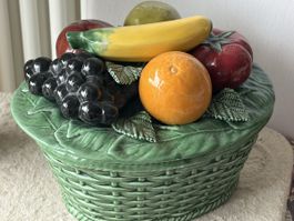 Ceramic Fruit Basket Bowl with Lid, Green, Used Condition