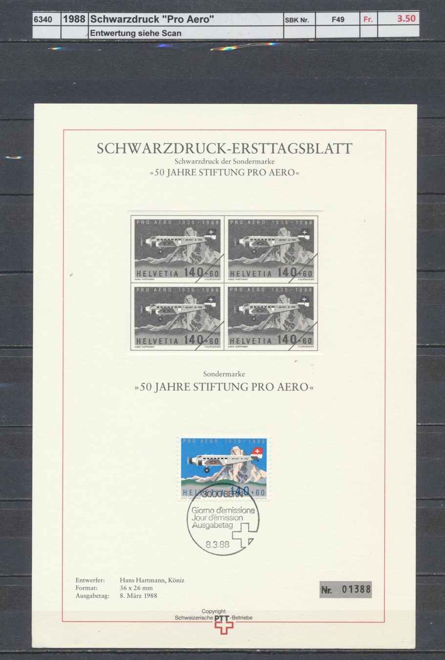 Tutti i francobolli: 1988 Schwarzdruck "Pro Aero"" – Usato da Winterthur venduto da Zupogeru