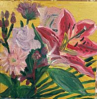 Gemälde Blumenstillleben pink gelb Grösse 20x20cm neu