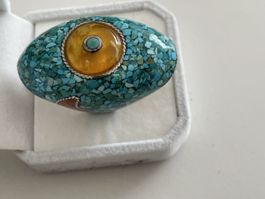 rare XXL bague argent pierre turquoise & pierre corail