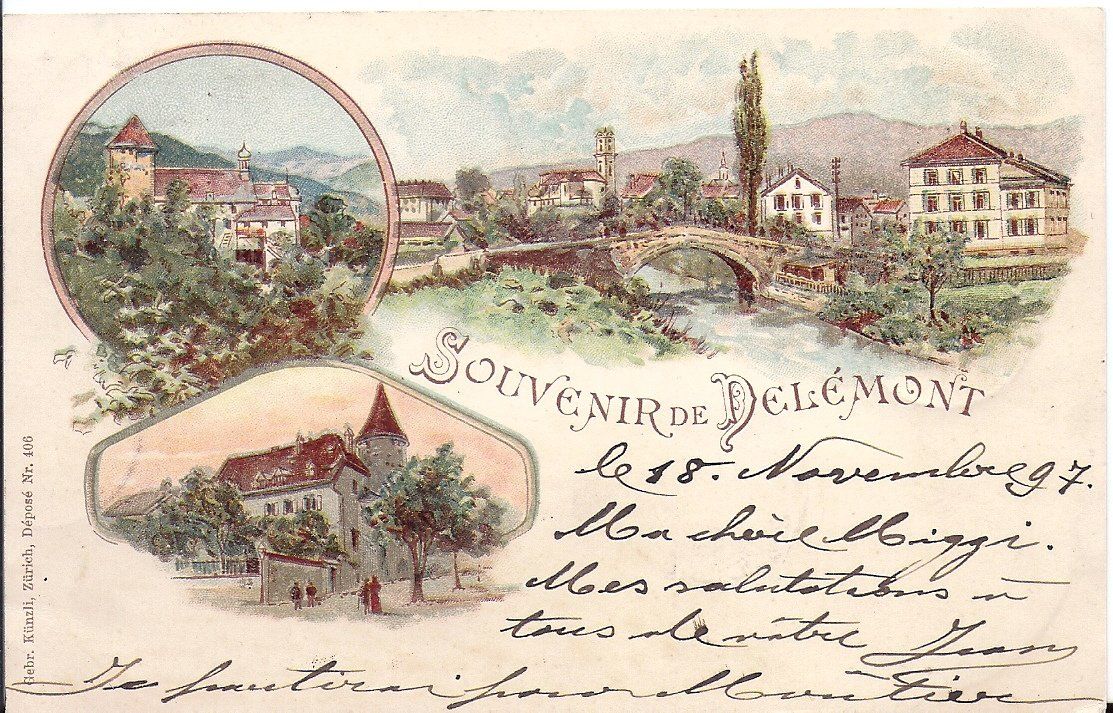 Cartoline postali: DELEMONT, litho avec 3 vues – Usato da Les Verrières venduto da Scampi0
